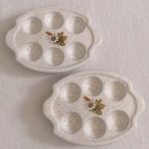 Vintage | Daisy Floral Speckled Six Egg Dish Tray Set Cream/Brown